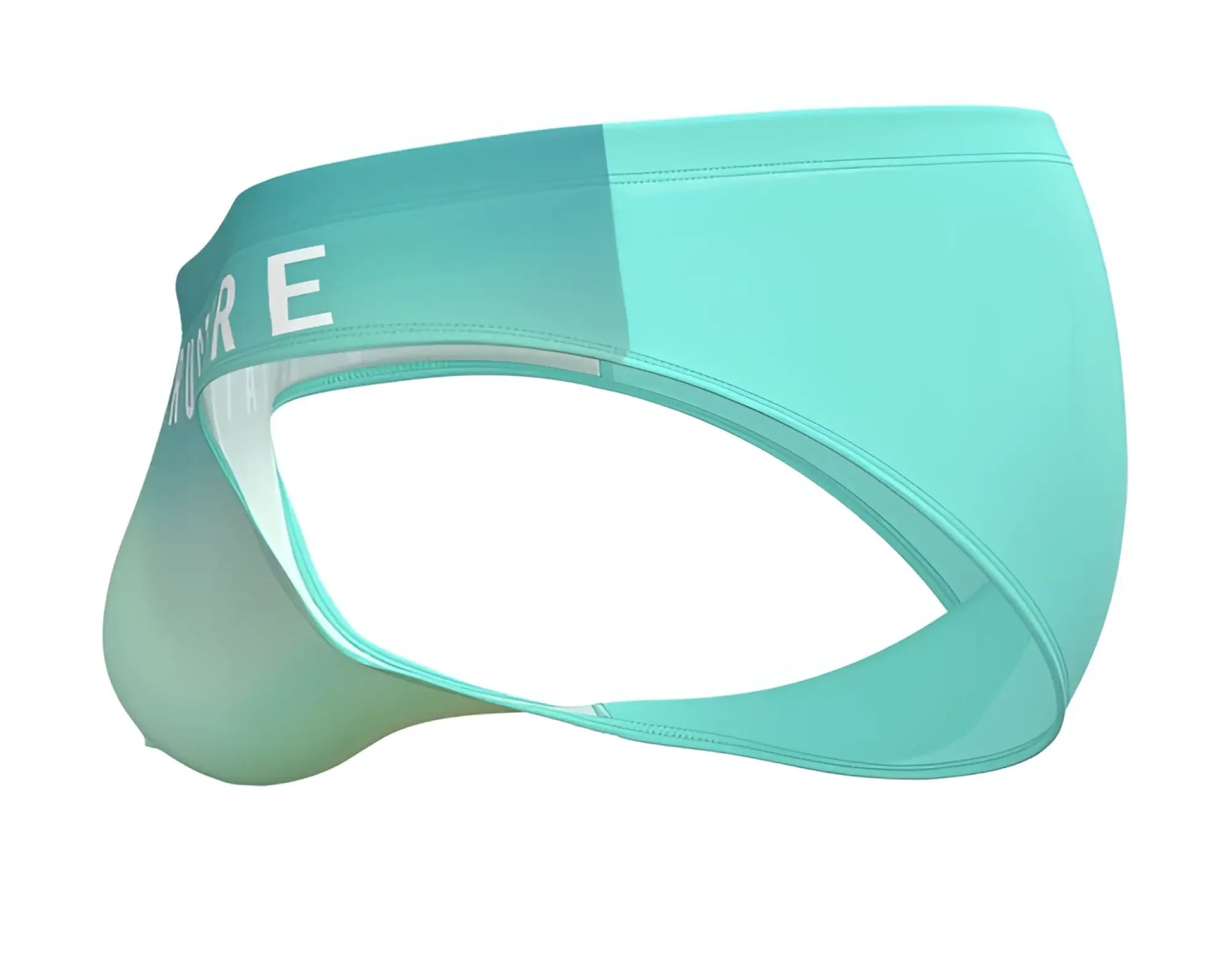 A sleek mint green private structure brut4392 bare bikini with white waistband lettering and subtle gradient design