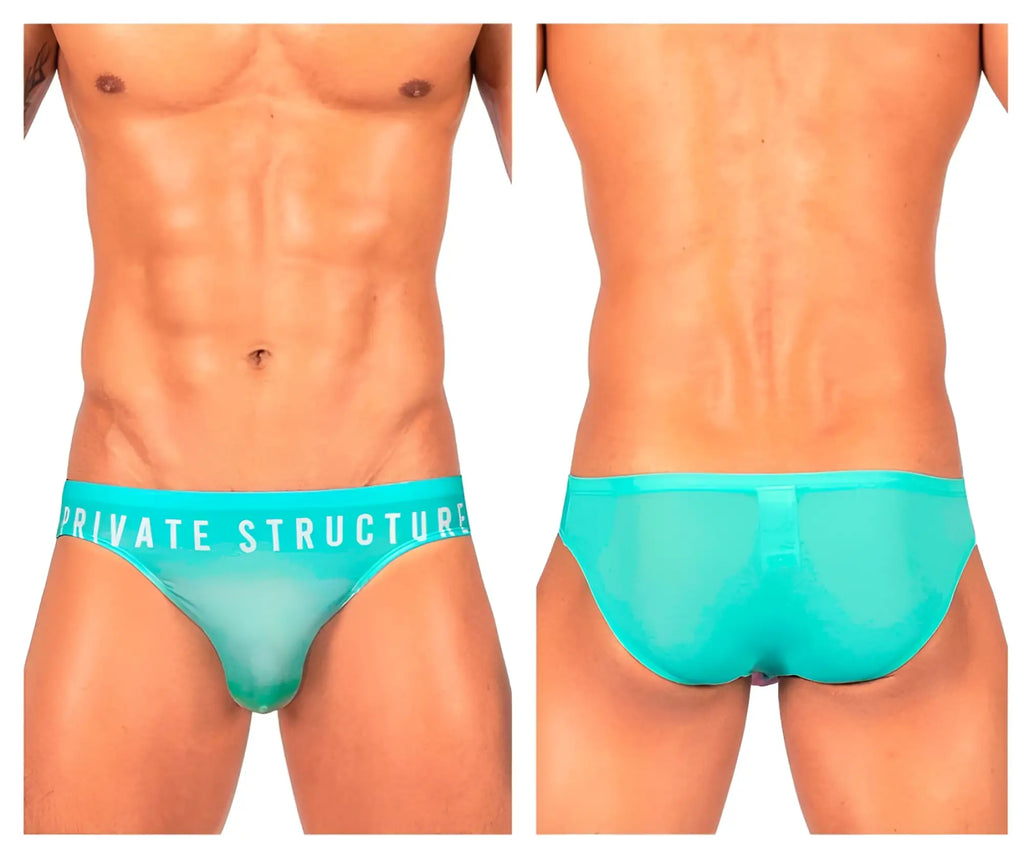 Turquoise sheer mesh briefs with private structure branded waistband in cyan mist color bare bikini style