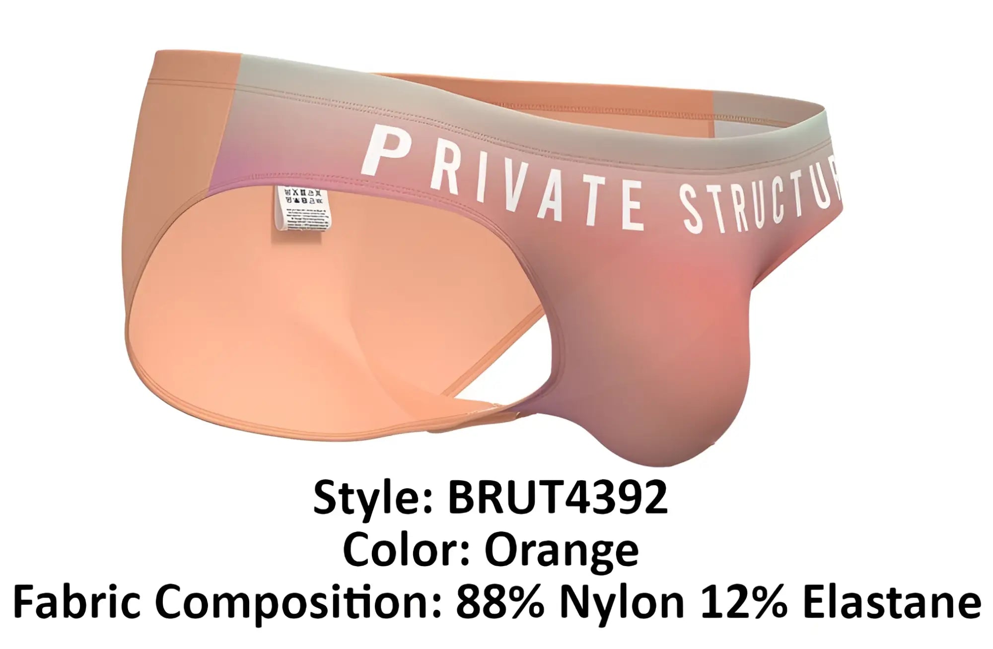 Orange private structure brut4392 bare bikini briefs with gradient pink to orange waistband and white branding