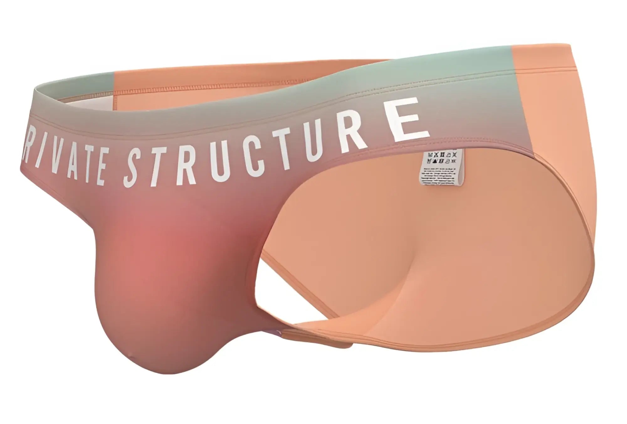Pastel peach and mint gradient fabric briefs with private structure branding on the waistband in orange bare bikini style