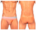 Orange sheer briefs with pink and light blue waistband featuring private structure logo bare bikini style