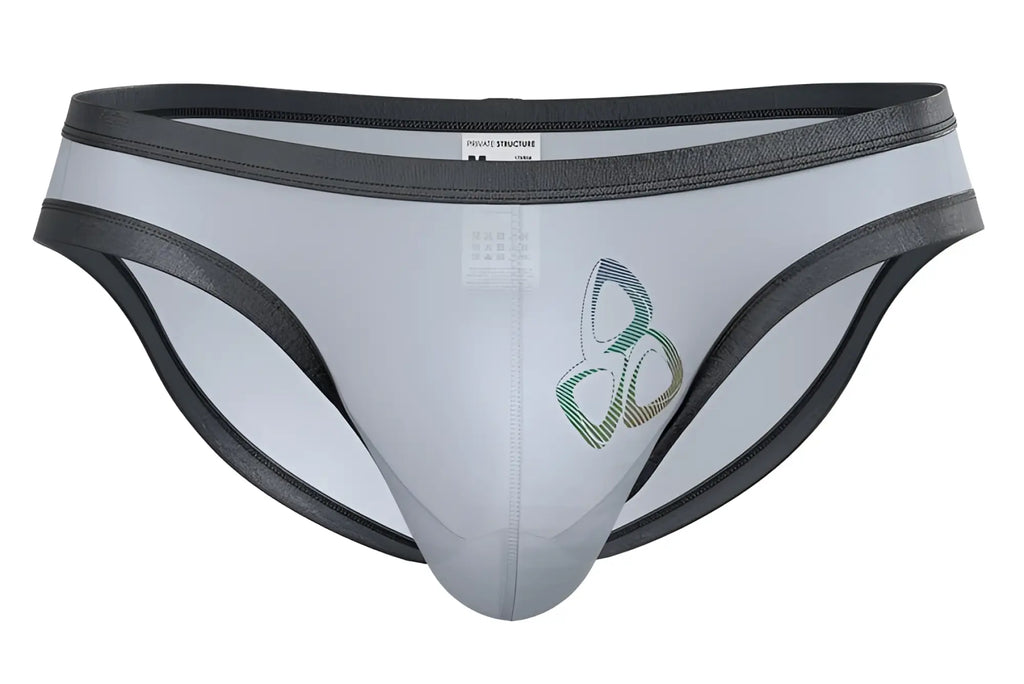 Private structure brut4393 bare bikini briefs in gray and black with a subtle green logo on the front in lilac tones