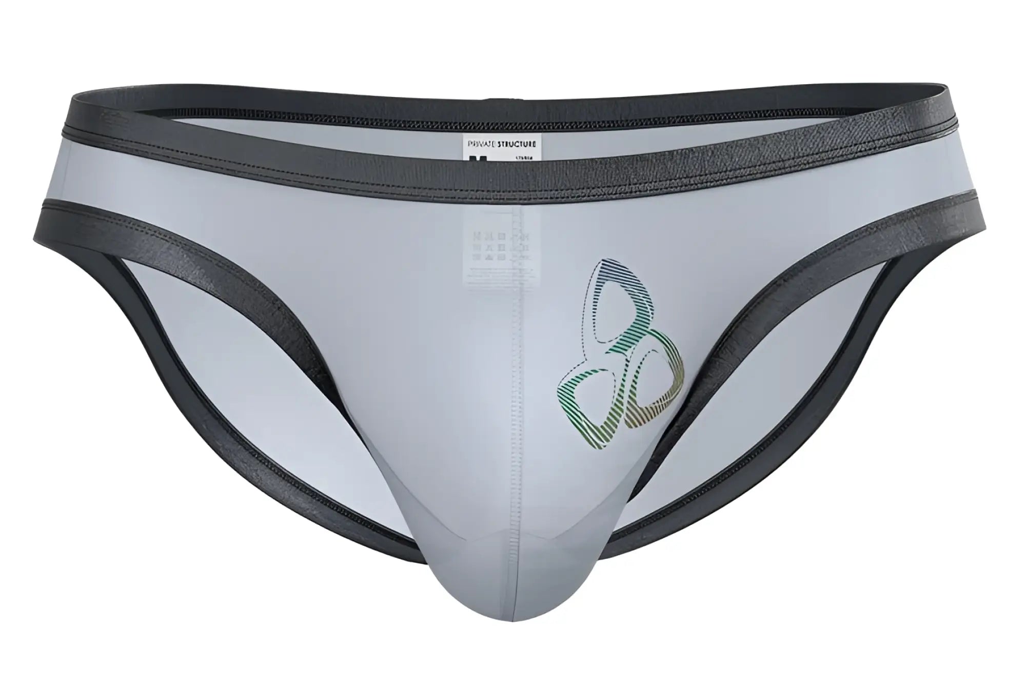 Private structure brut4393 bare bikini briefs in gray and black with a subtle green logo on the front in lilac tones