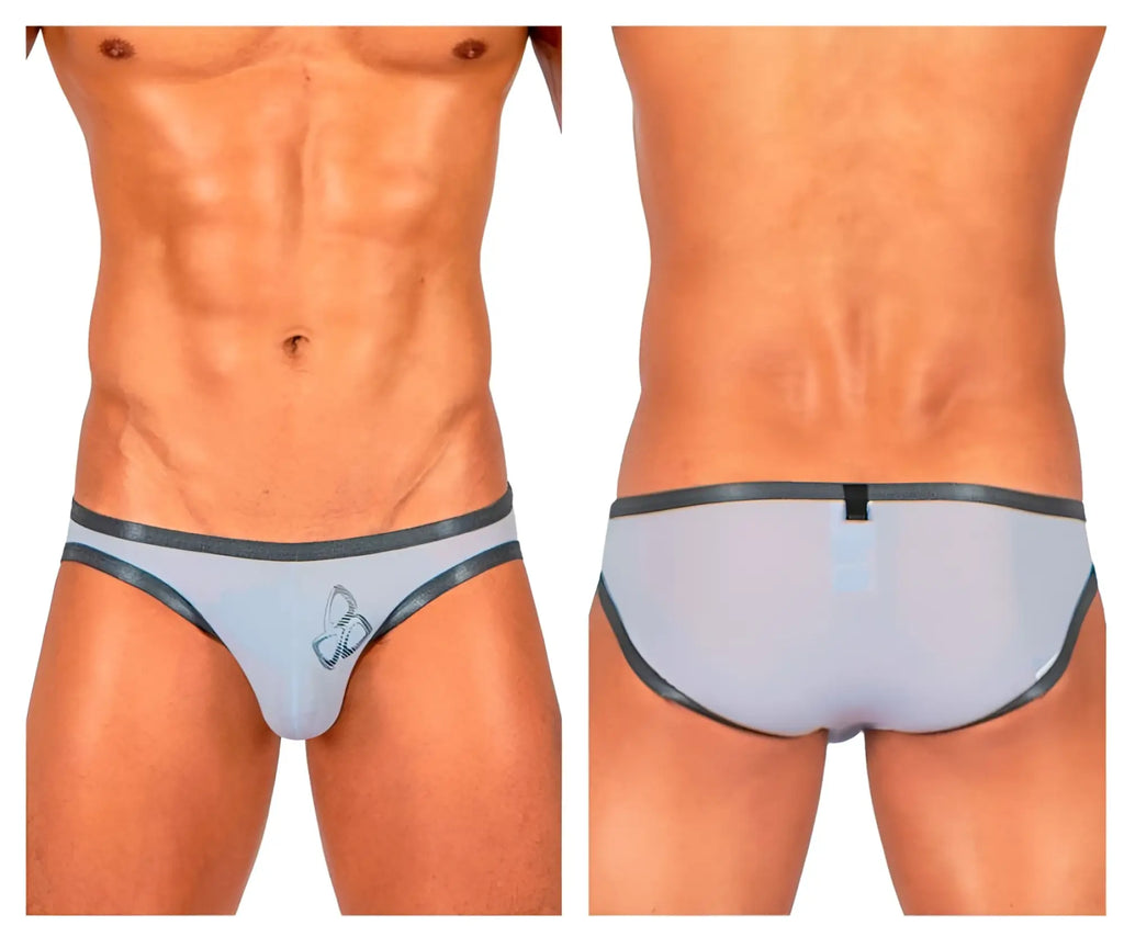 Light gray sheer briefs with dark gray trim and embroidered logo from private structure bare bikini lilac collection