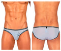 Light gray sheer briefs with dark gray trim and embroidered logo from private structure bare bikini lilac collection
