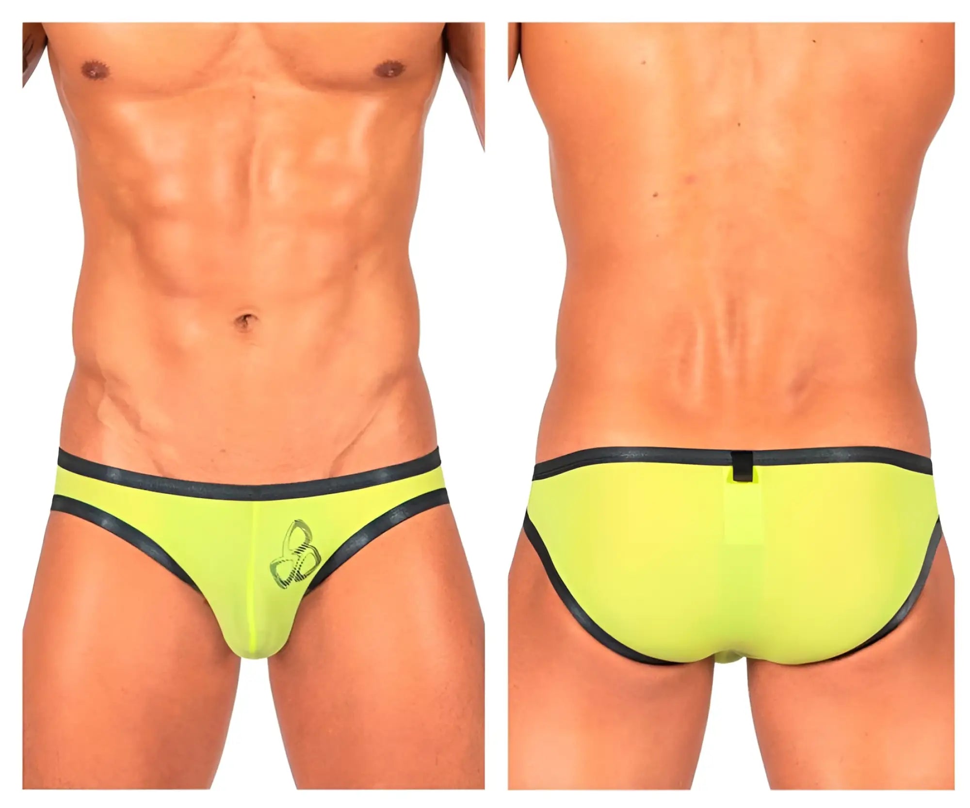 Bright neon yellow Private Structure BRUT4393 bare bikini swim trunks with black trim and small embroidered logo on front