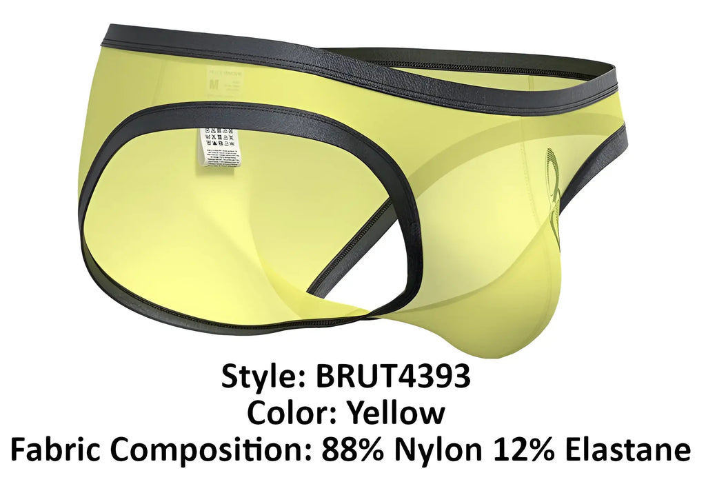 Yellow men’s briefs with black trim and sleek form-fitting design made from 88 nylon 12 elastane by private structure