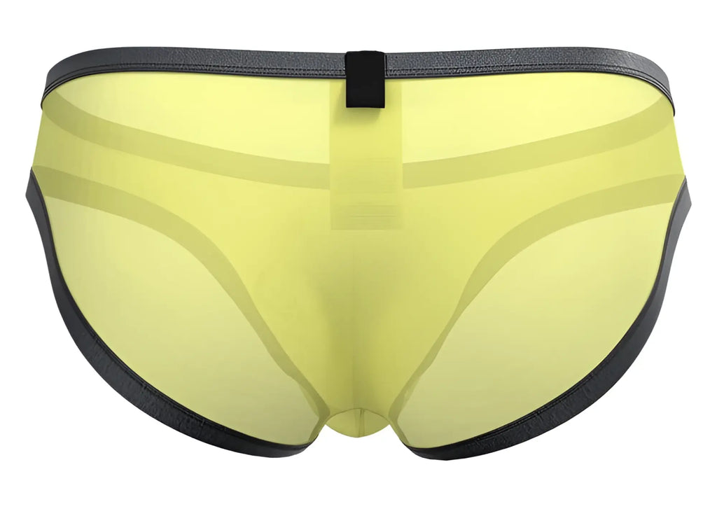 Yellow sheer briefs with black trim and central black tab at the back from Private Structure BRUT4393 Bare Bikini