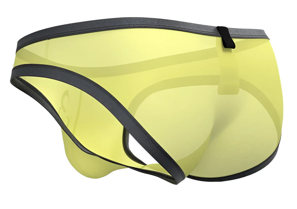Yellow translucent mesh briefs with black elastic trim and waistband tab from private structure brut4393 bare bikini