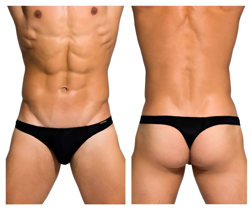 Black thong briefs with a smooth sleek design and minimal branding on the waistband by private structure