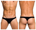 Black thong briefs with a smooth sleek design and minimal branding on the waistband by private structure