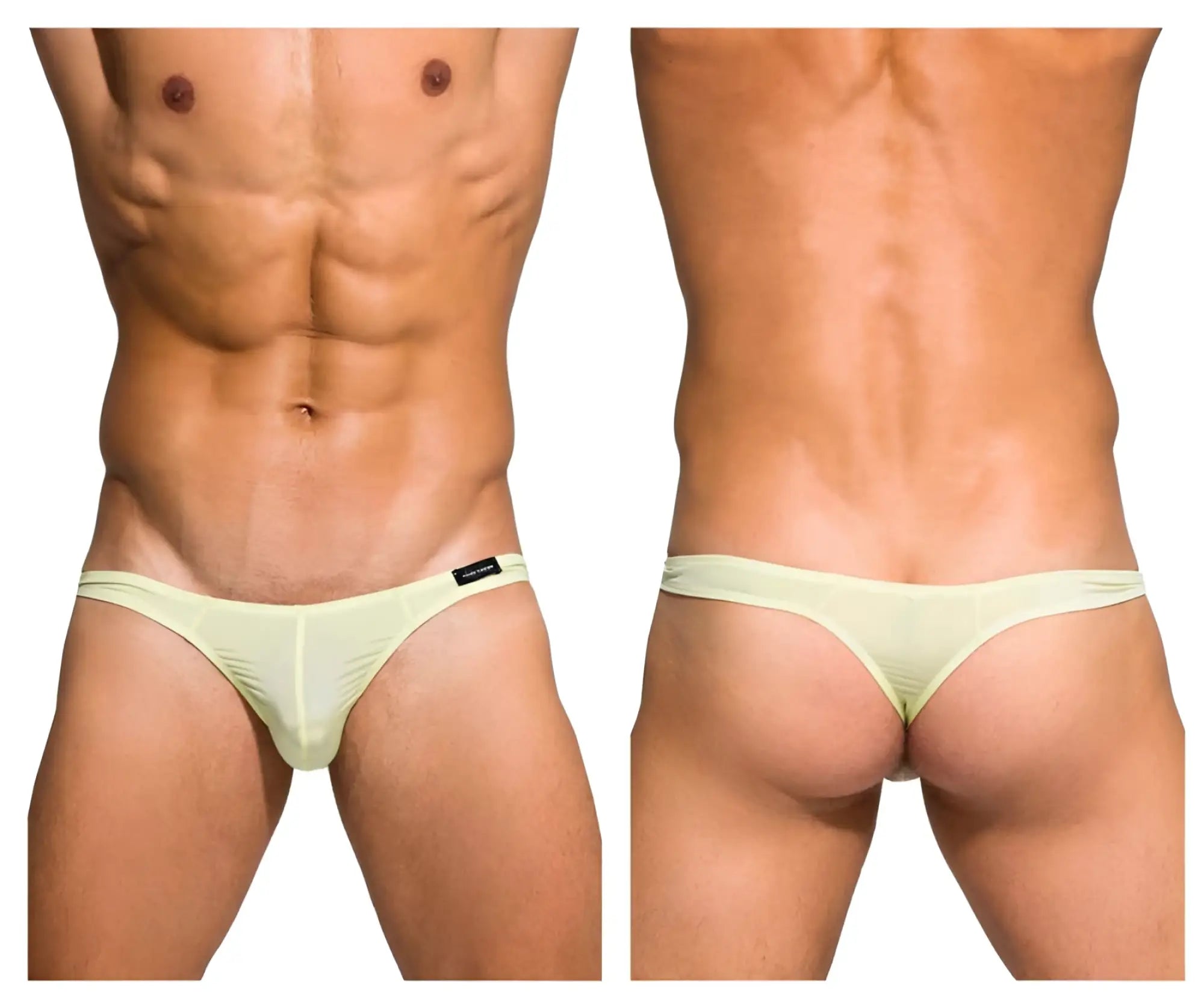 Light green sheer thong with black brand tag at waistband from Private Structure Desire Glaze collection in lime color