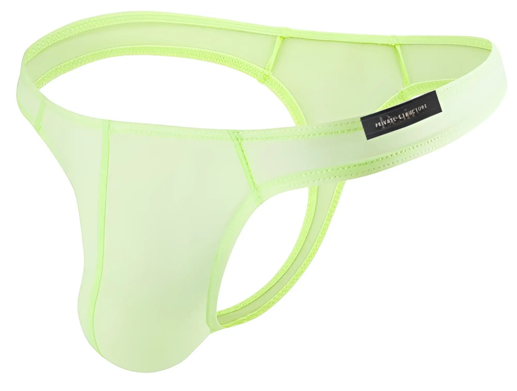 Neon green mesh thong with black private structure brand tag in lime desire glaze thong color front view