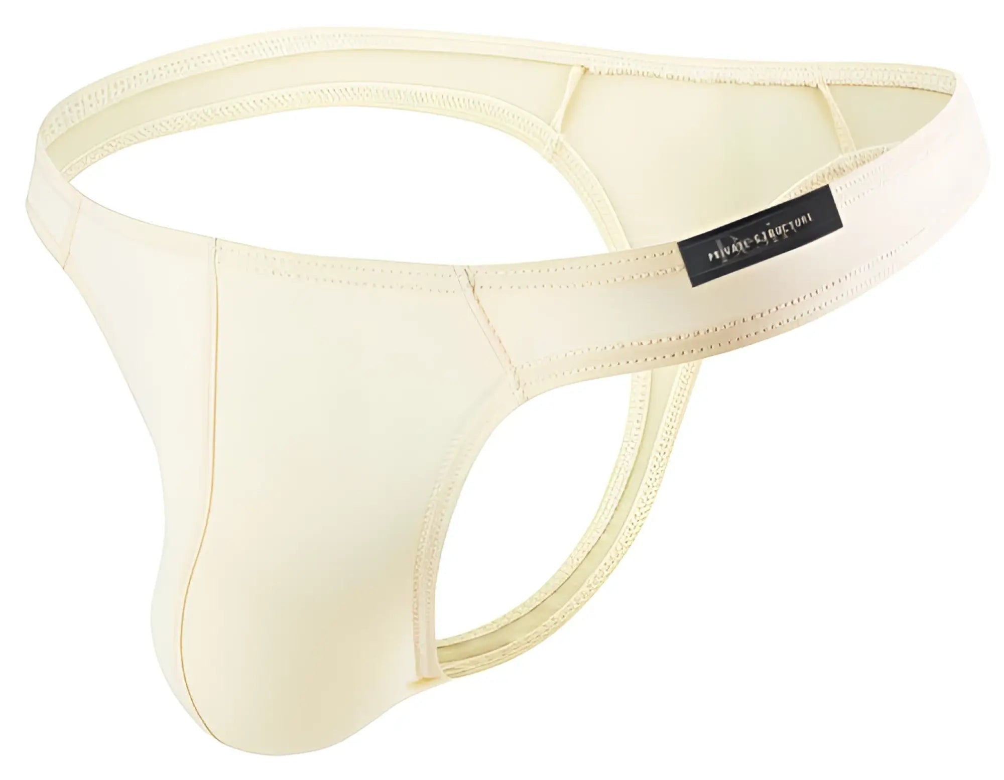 Cream-colored smooth-textured men’s thong with black private structure brand tag on waistband nude color