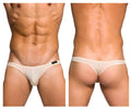 Cream-colored sheer mesh thong with black brand tag on left hipband from Private Structure Desire Glaze collection