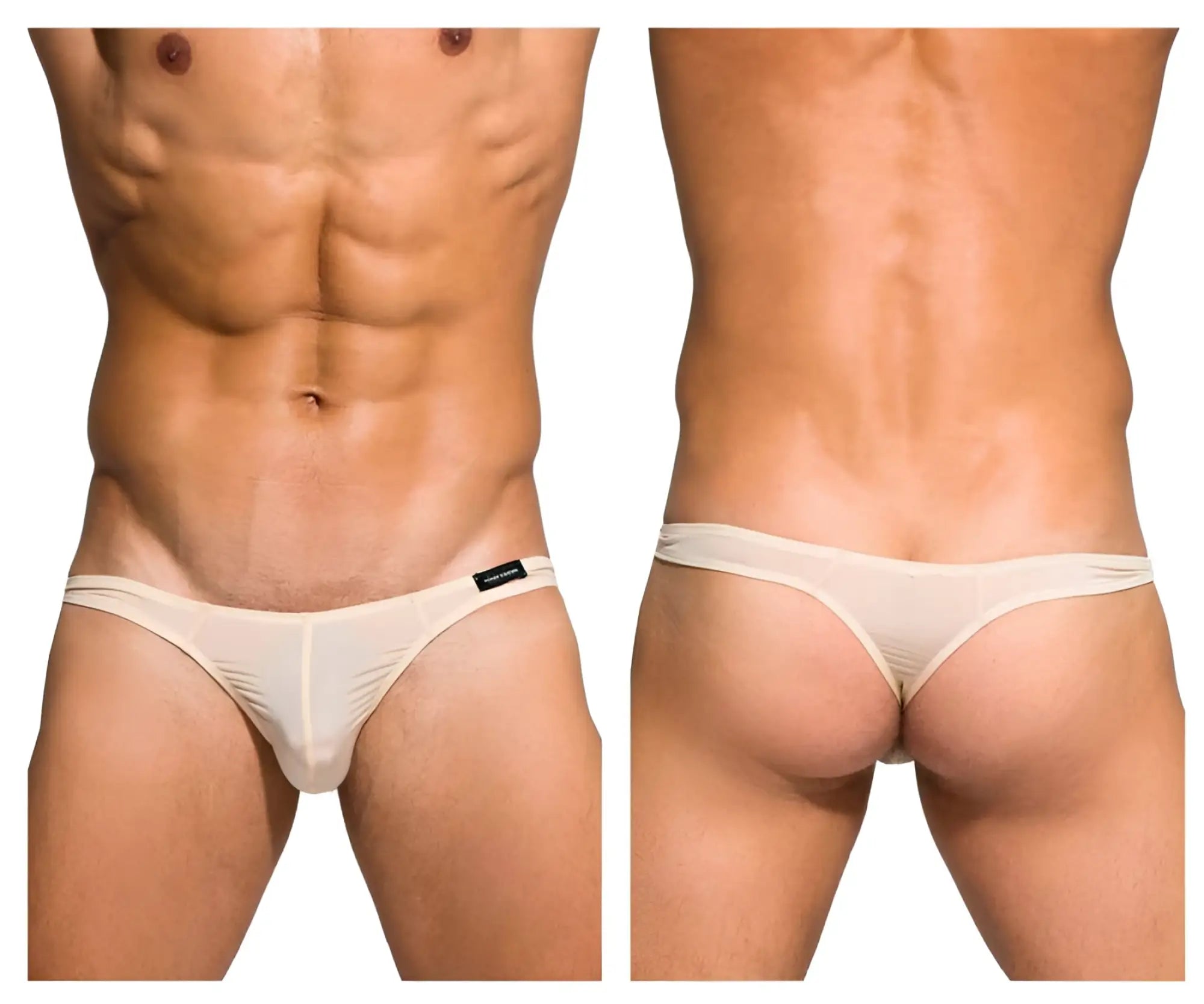 Cream-colored sheer mesh thong with black brand tag on left hipband from Private Structure Desire Glaze collection