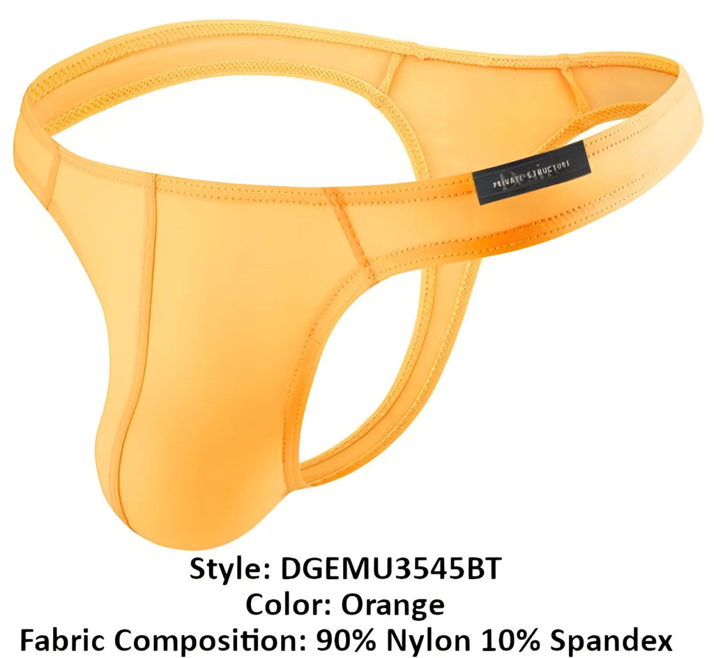 Orange men’s thong by private structure made of 90 nylon 10 spandex with sleek design and reinforced stitching