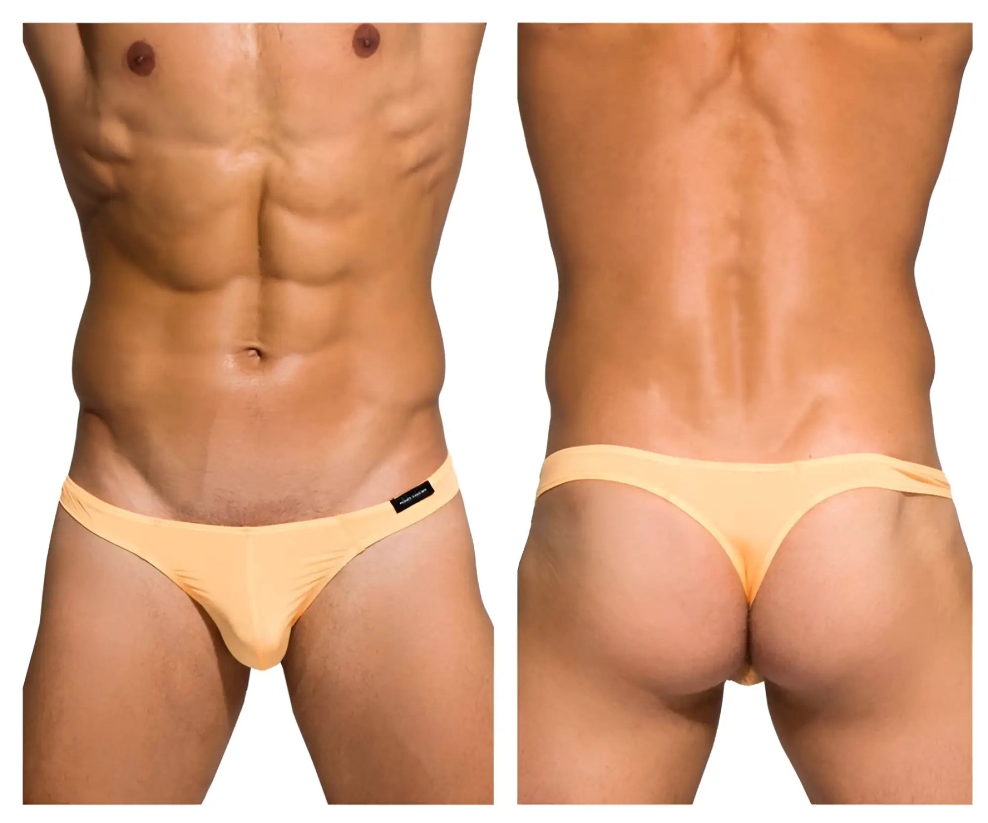 A sleek pale yellow Private Structure Desire Glaze thong made of smooth stretchy fabric with black brand tag