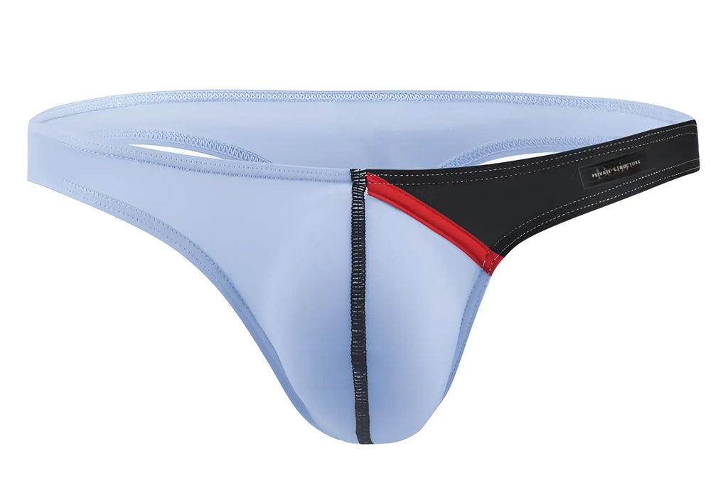Light blue private structure dgu y4025 desire glaze g-string with black and red trim and reinforced stitching