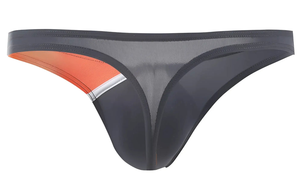 Private Structure DGUY4025 Desire Glaze gray mesh thong with black and orange details and silver trim detail