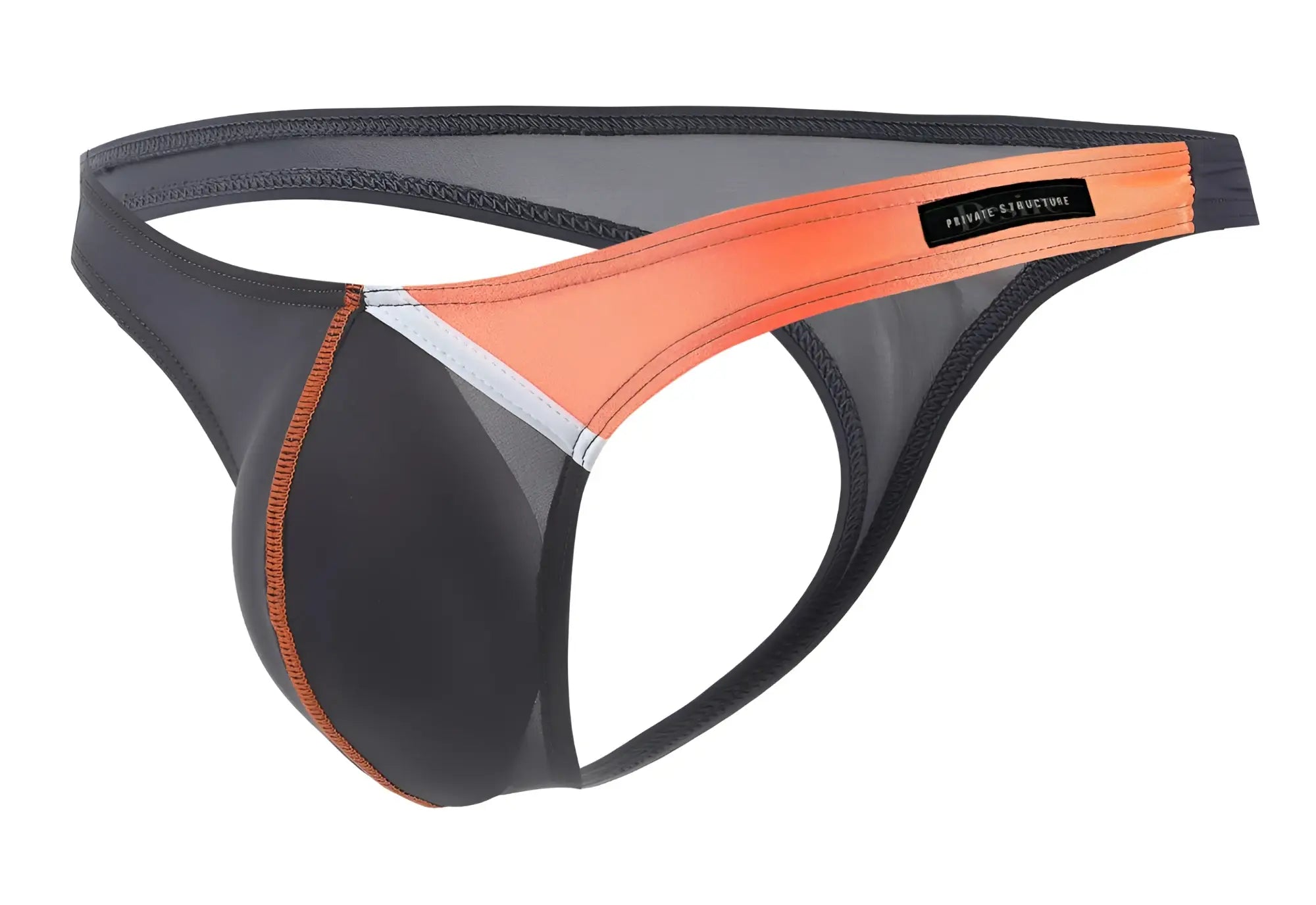 Black and orange private structure thong with mesh panel in gray color showing back side featuring brand label