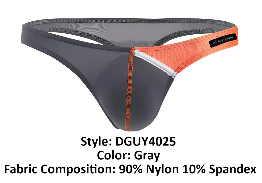 Gray and orange private structure desire glaze g-string thong with mesh waistband made of 90 nylon and 10 spandex