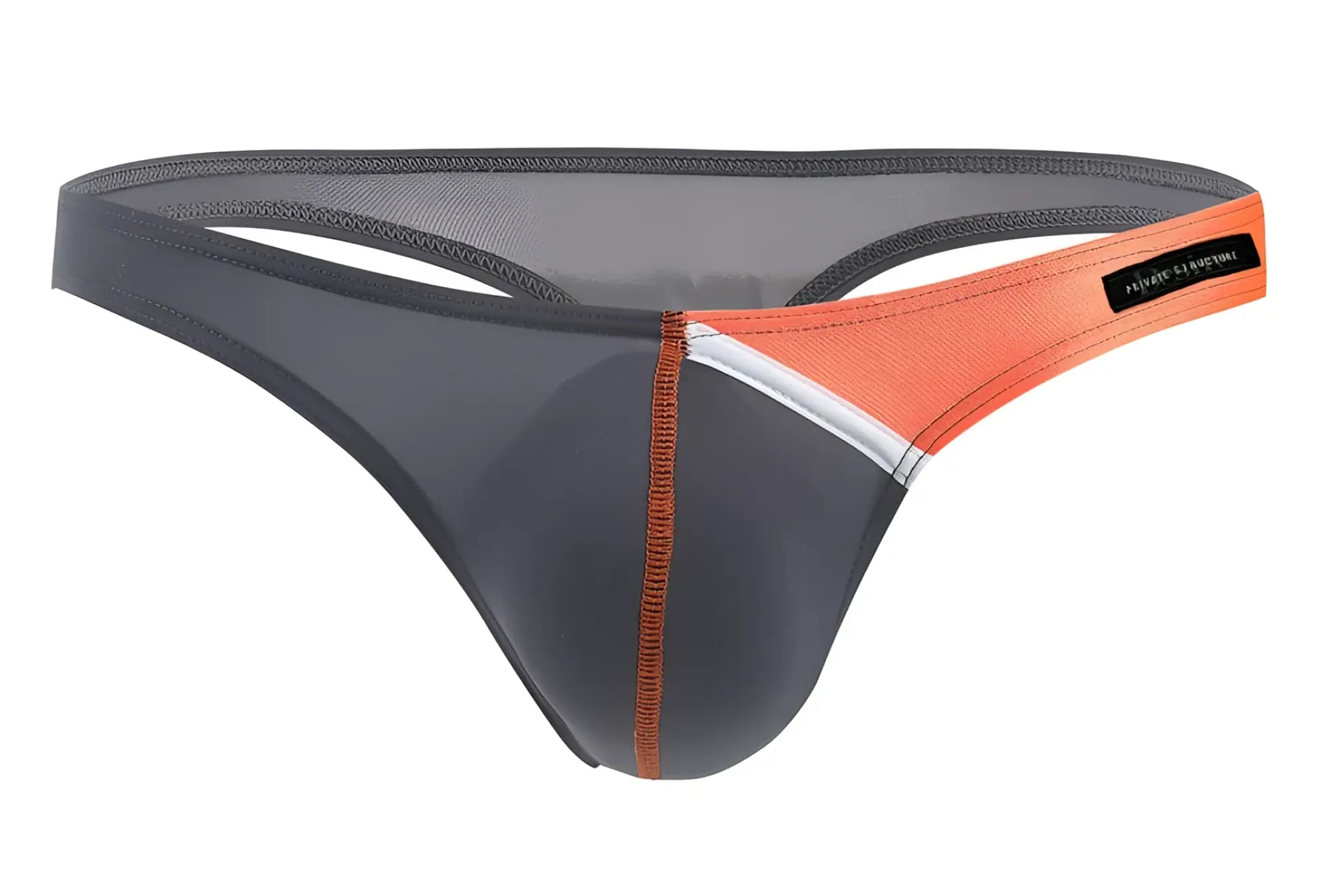 Private Structure DGUY4025 Desire Glaze gray g-string thong with mesh backband and orange contrasting stitching visible from back