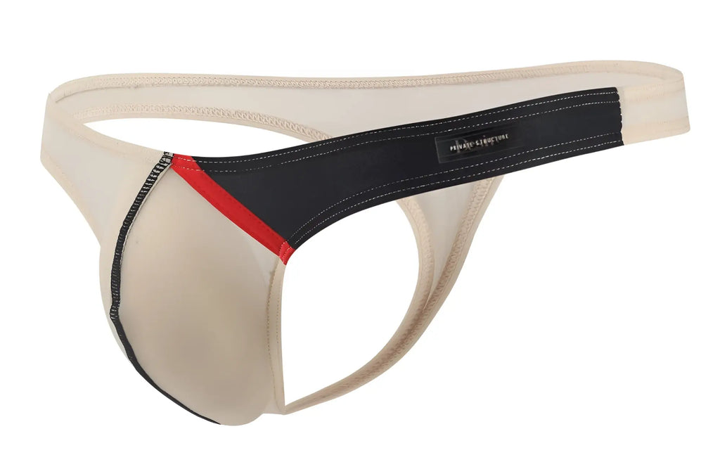 Beige and black thong with red accent stripe and branded label sleek design private structure dgu y4025 desire glaze g string nude