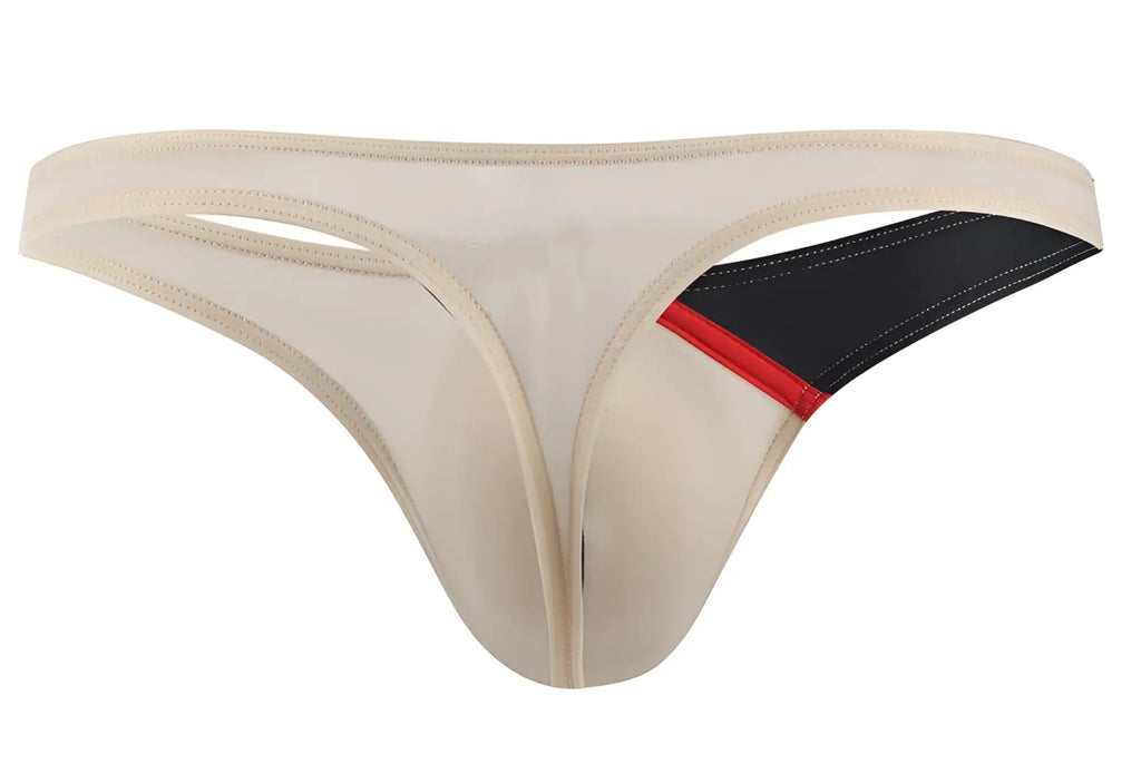 Beige Private Structure DGUY4025 Desire Glaze nude thong with black and red accent panel shown from the back