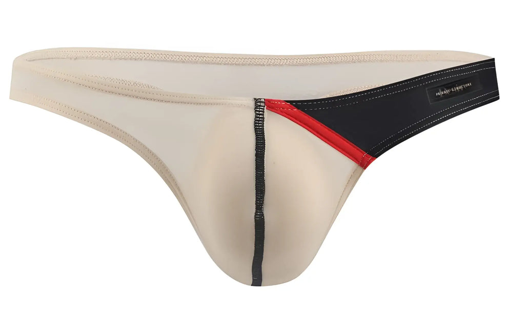 Beige thong g-string with black and red trim by private structure sleek design with subtle stitching nude color