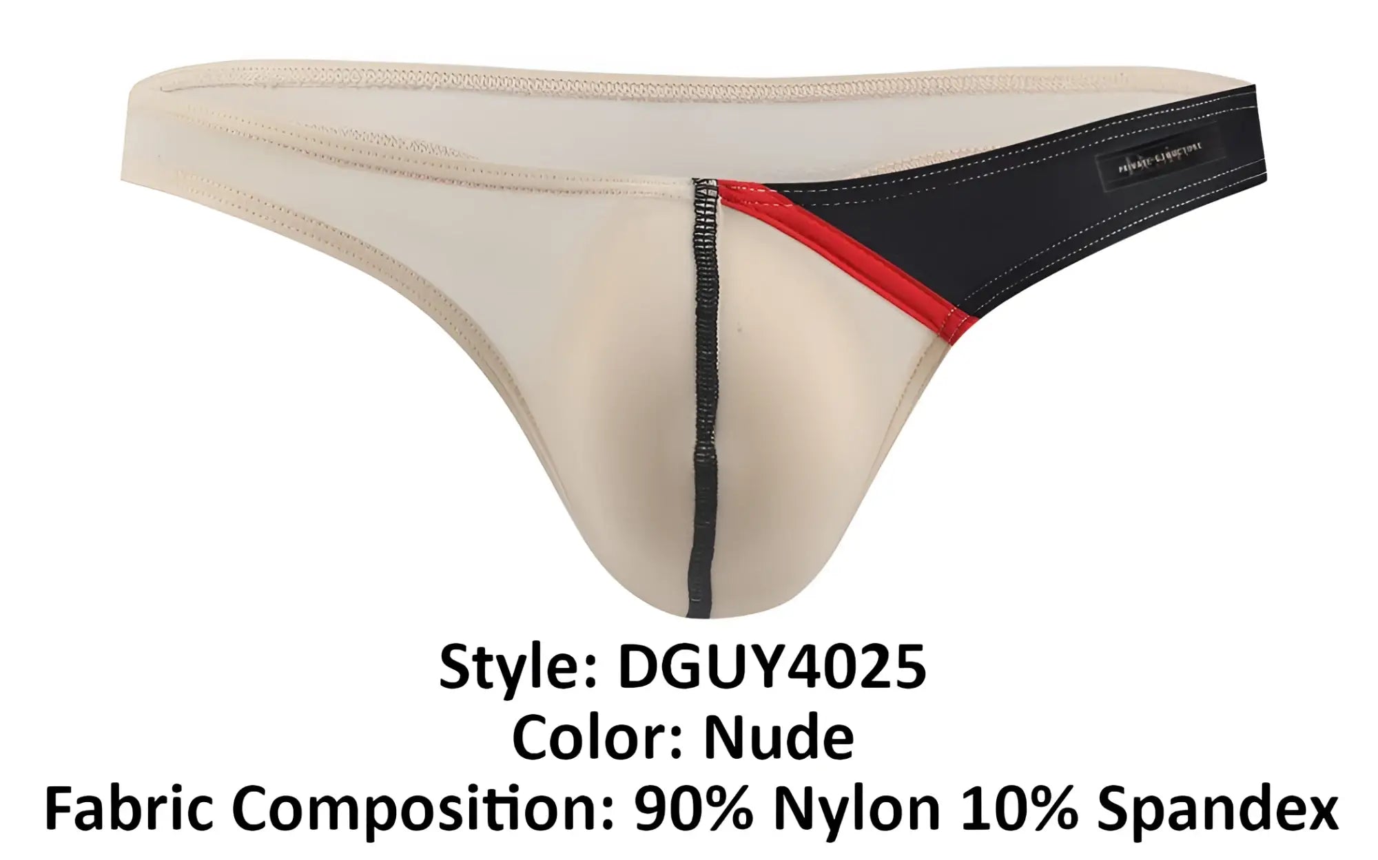 Nude-colored thong with black and red accent stripe made of 90 nylon and 10 spandex by private structure