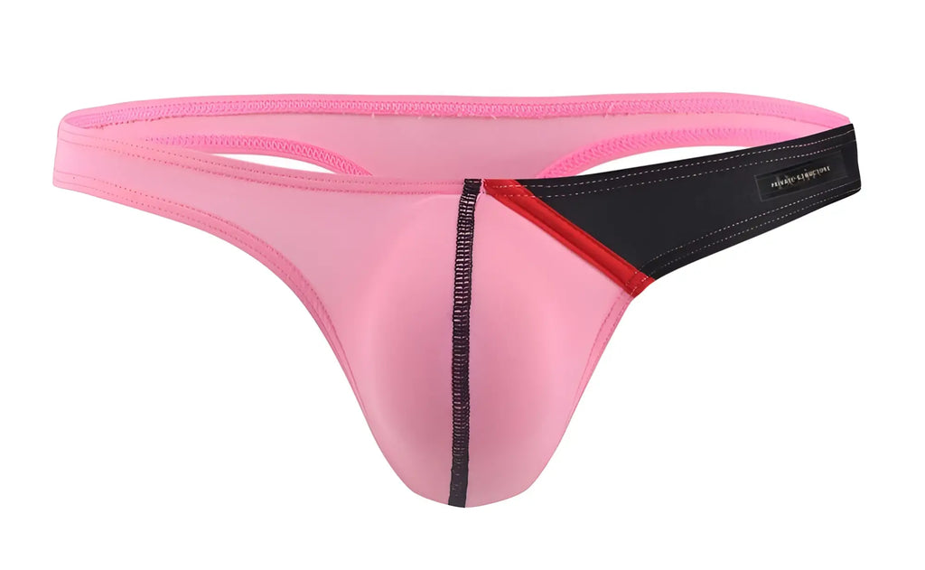 Private Structure DGUY4025 Desire Glaze G-string in pink with black and red stripes made of smooth stretchy fabric