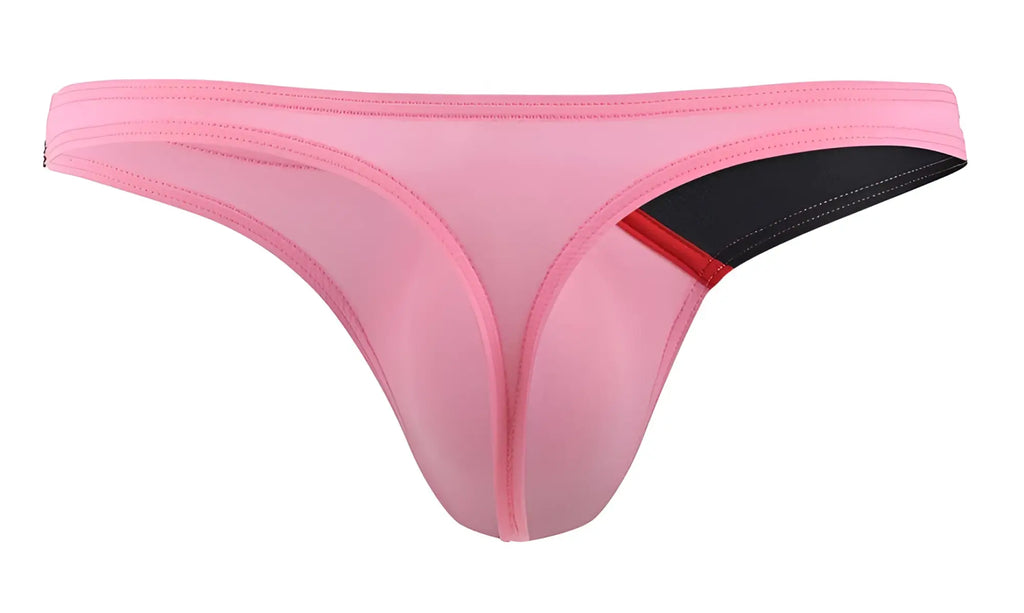 Pink sheer thong g-string with black and red accent panel from private structure desire glaze collection