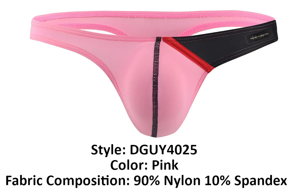Pink private structure desire glaze g-string thong with black and red trim made of 90 nylon and 10 spandex