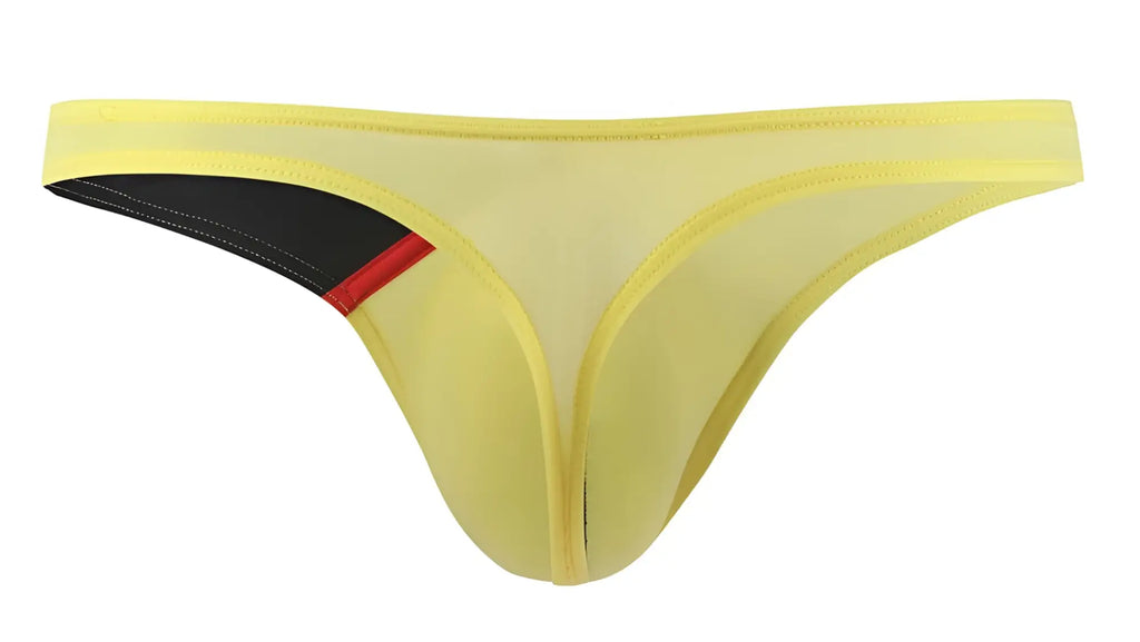 Yellow mesh thong g-string with black and red side accent panel from Private Structure desire glaze collection