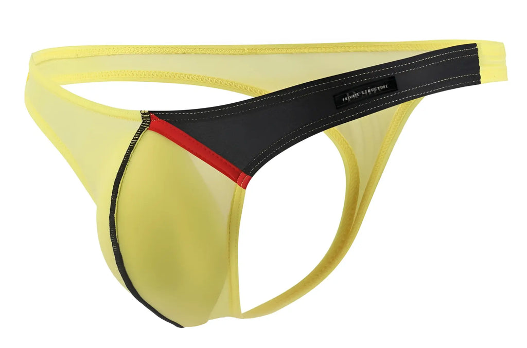 Yellow mesh thong g-string with black and red trim and branded waistband from Private Structure desire glaze collection