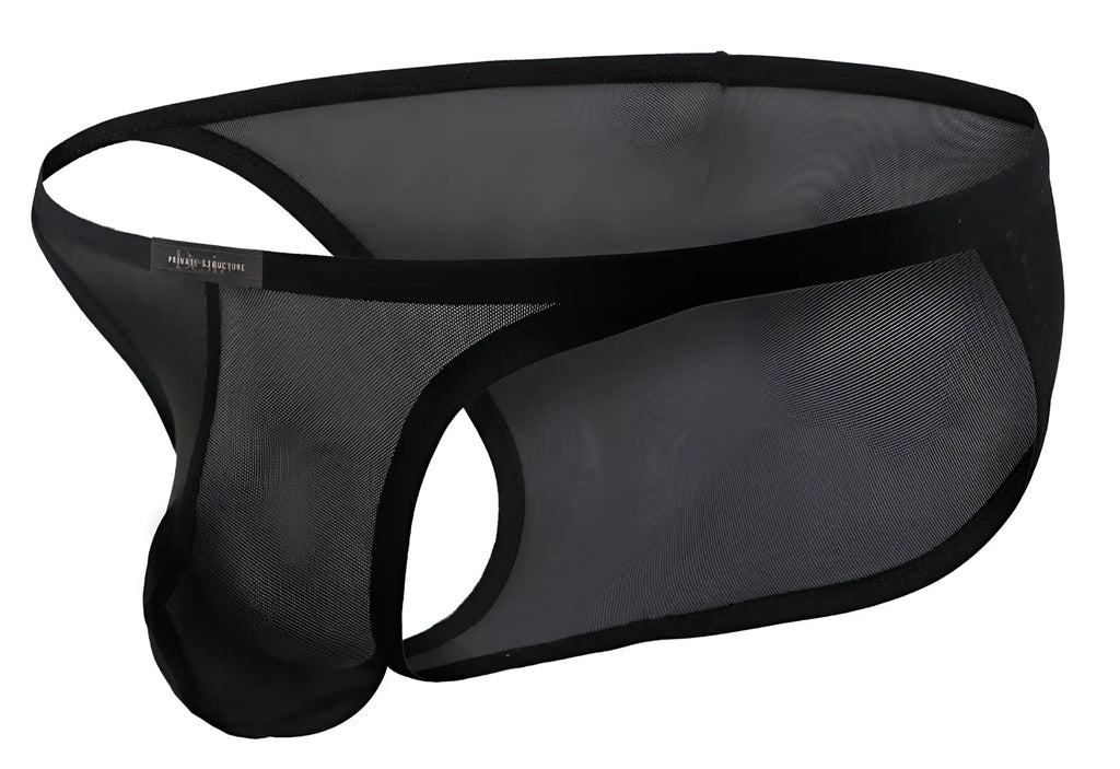 Black mesh men’s low rise bikini underwear with solid black elastic waistband by Private Structure