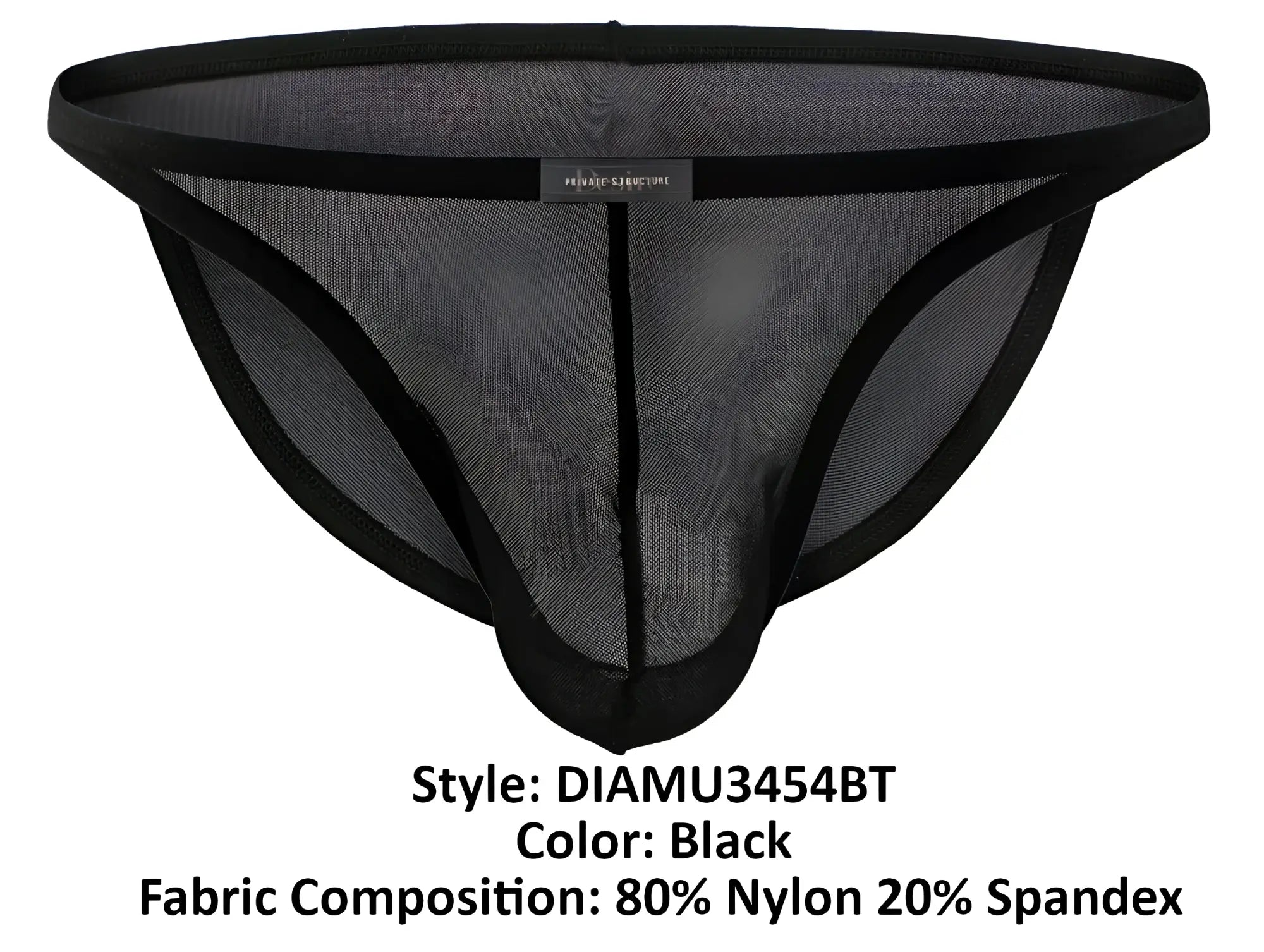 Private Structure DIAMU3454BT desire intima black low rise bikini thong with mesh, elastic trim, and nylon spandex blend