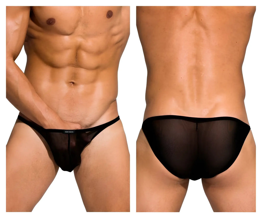 Black sheer mesh briefs with a solid waistband from Private Structure DIAMU3454BT Desire Intima low rise bikini in black