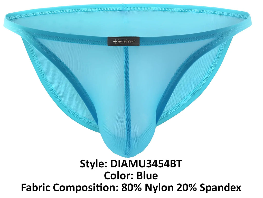 Blue sheer nylon and spandex thong with central seam from private structure desire intima low rise bikini collection
