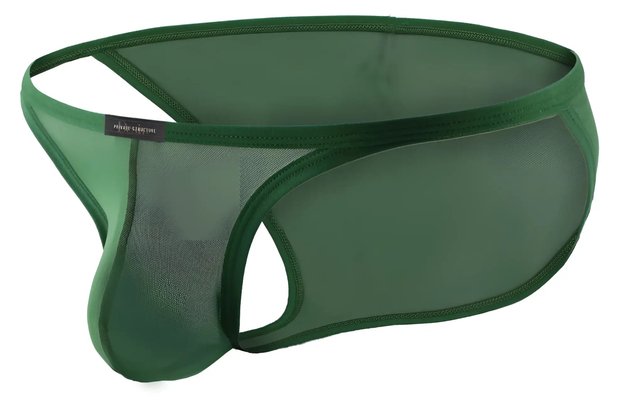 Dark green mesh thong bikini with solid fabric waistband and reinforced seams by private structure