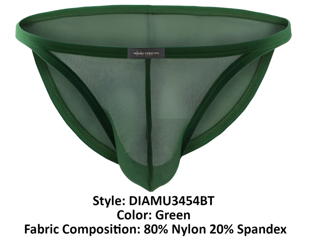 Green mesh briefs with a solid green elastic waistband made of 80% nylon 20% spandex private structure diamu3454bt