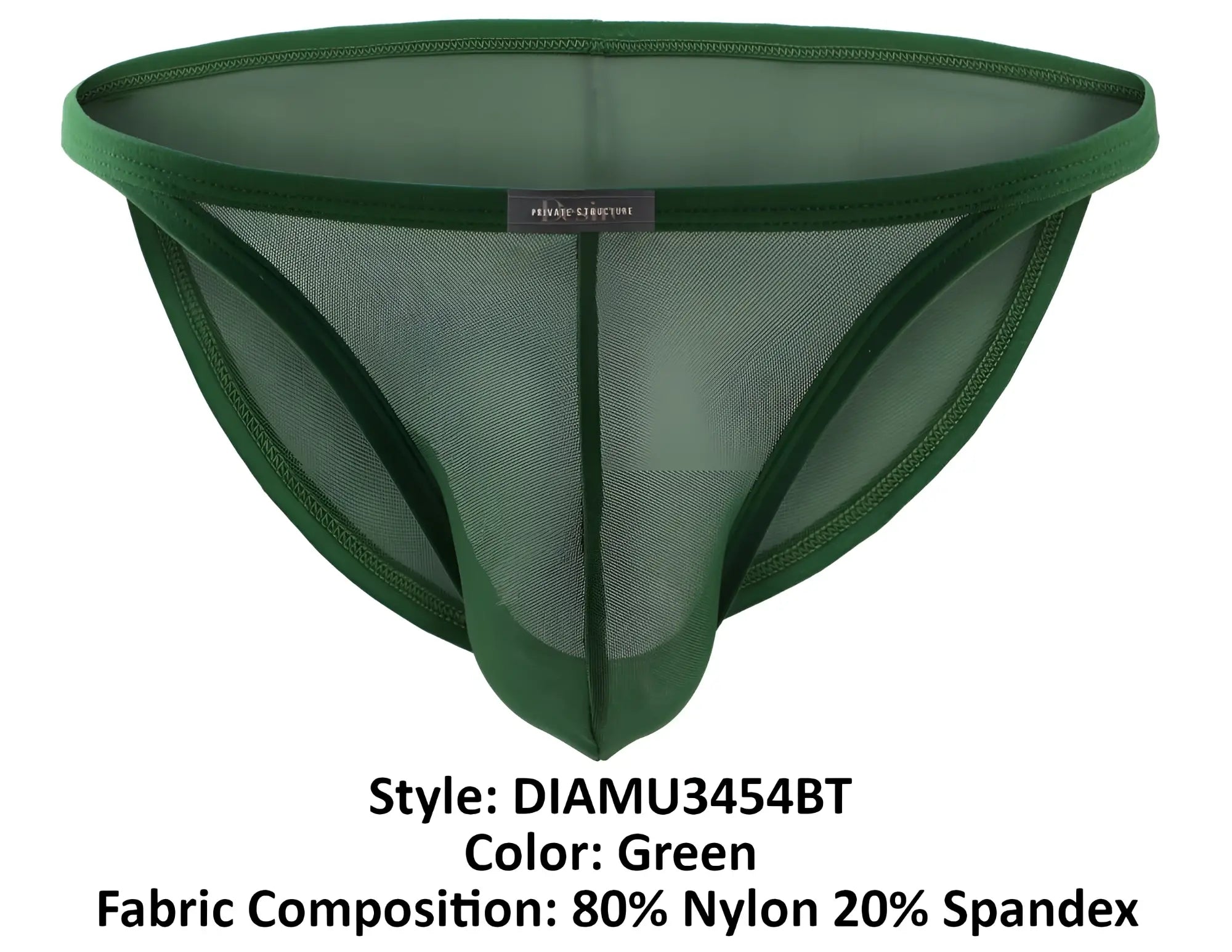 Green mesh briefs with a solid green elastic waistband made of 80% nylon 20% spandex private structure diamu3454bt