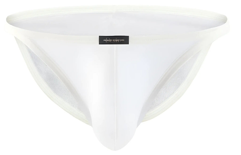 White mesh briefs with sleek form-fitting design and subtle branding tag by private structure desire intima low rise bikini