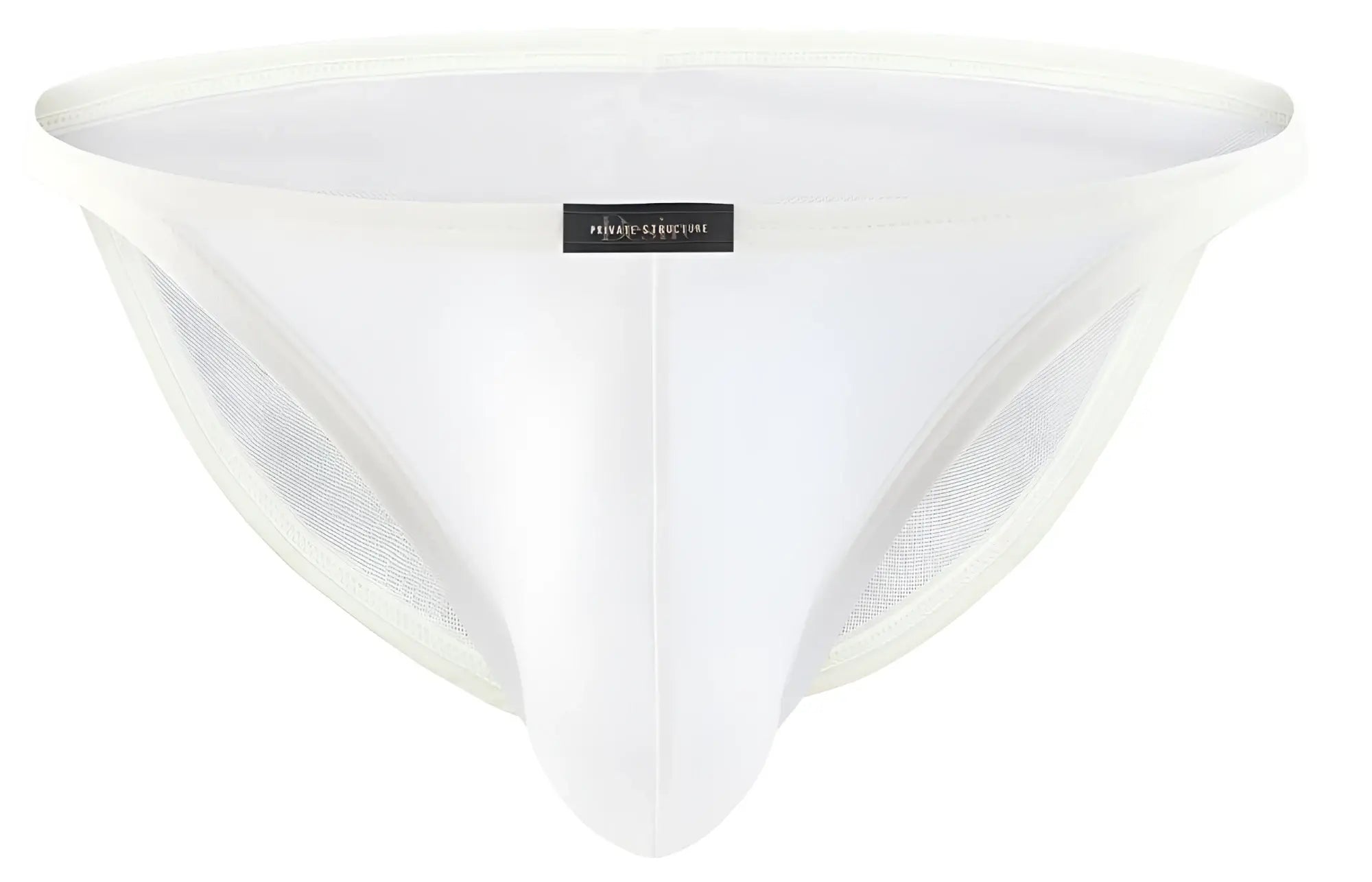 White mesh briefs with sleek form-fitting design and subtle branding tag by private structure desire intima low rise bikini