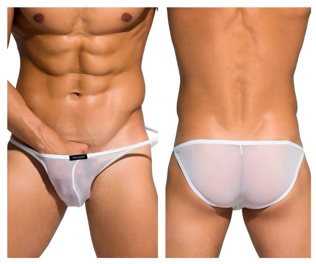 Private structure desire intima low rise bikini white sheer mesh briefs with thin white waistband front view