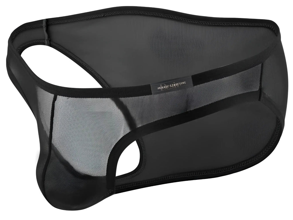 Black mesh men’s underwear with reinforced elastic trim and branded label by Private Structure low rise bikini