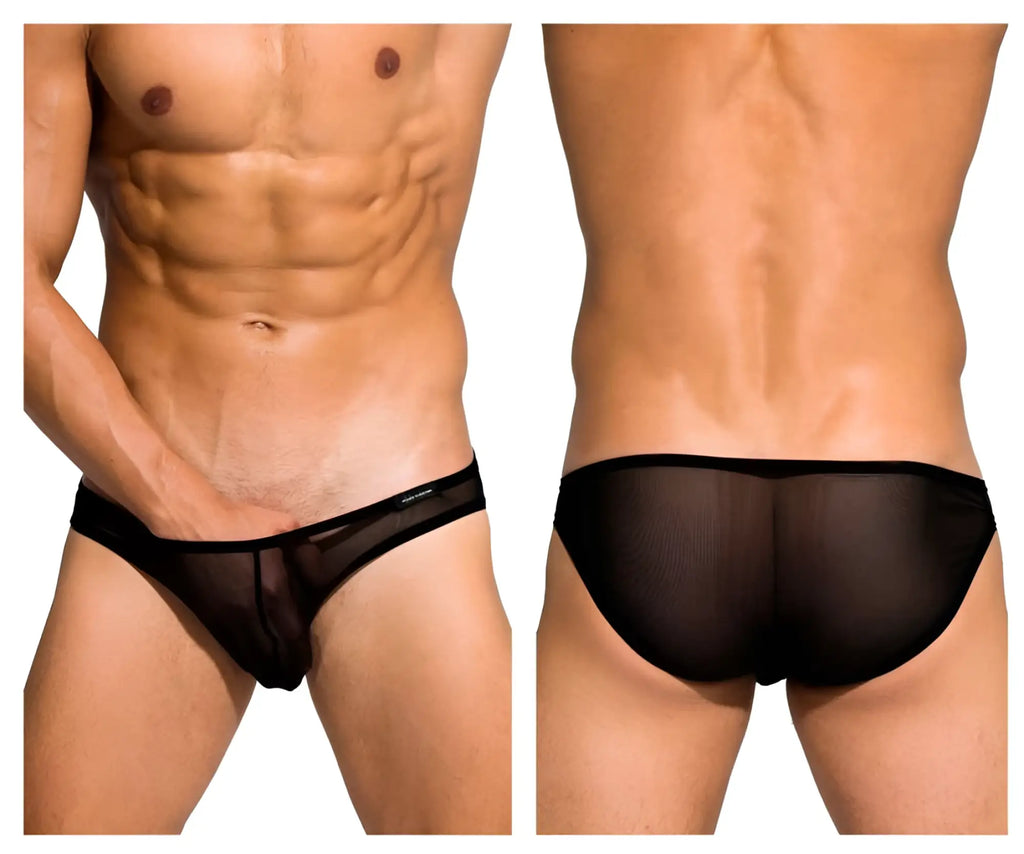 Black sheer mesh briefs with solid black waistband low rise bikini by private structure in black color