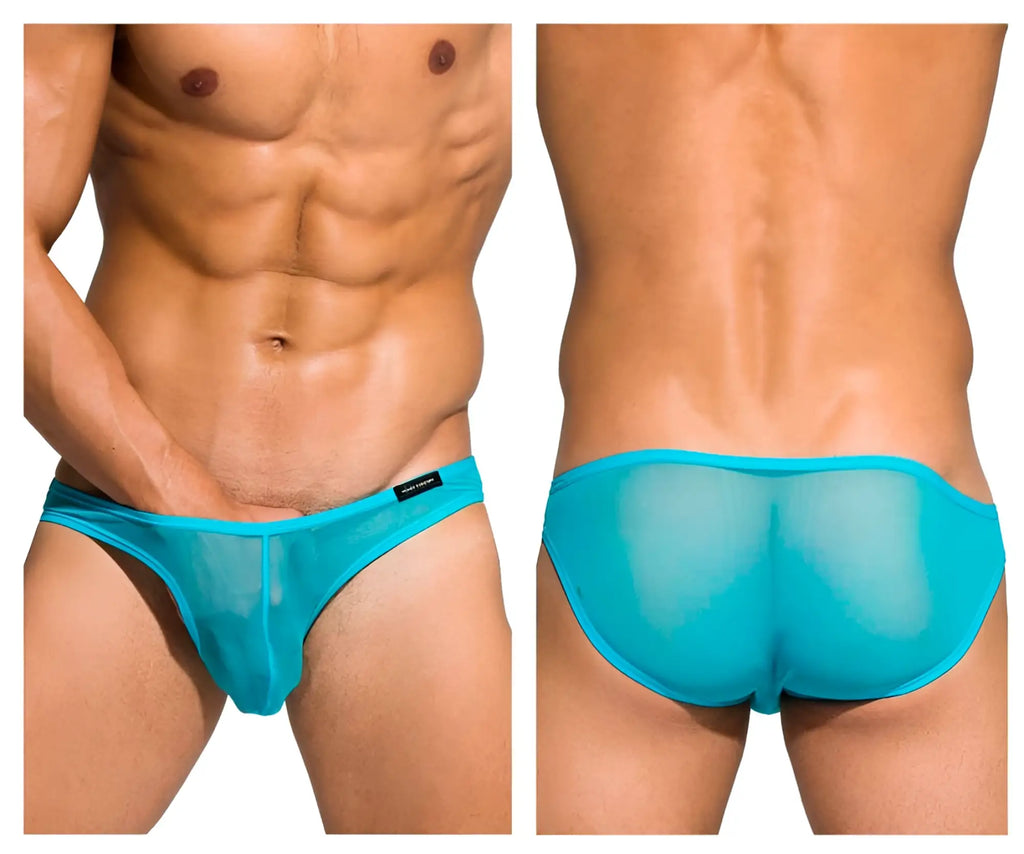 Private Structure DIAMU3455BT turquoise sheer mesh low rise bikini briefs with black brand tag in blue color