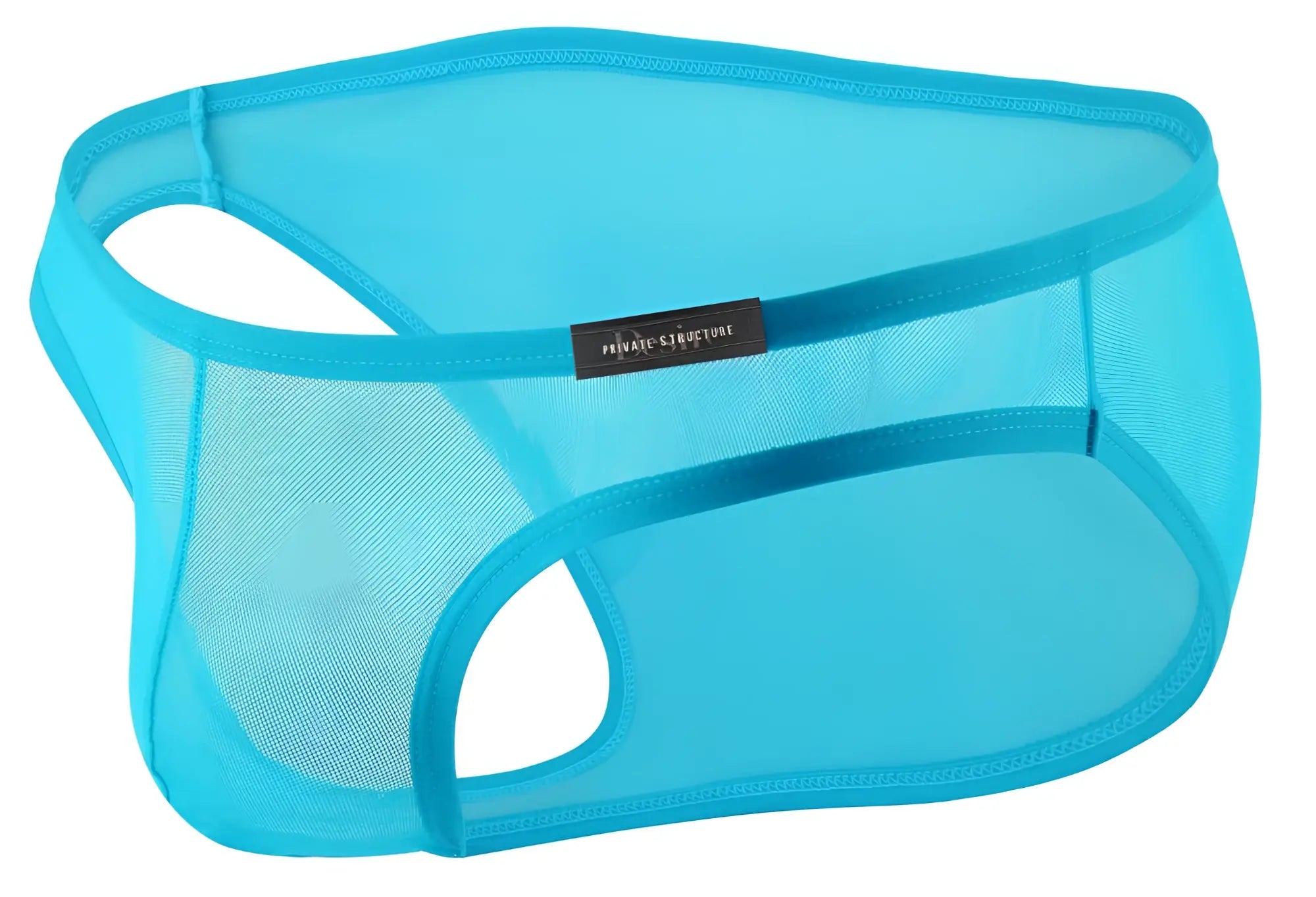 Bright turquoise mesh men’s low rise bikini underwear with reinforced elastic waistband by Private Structure